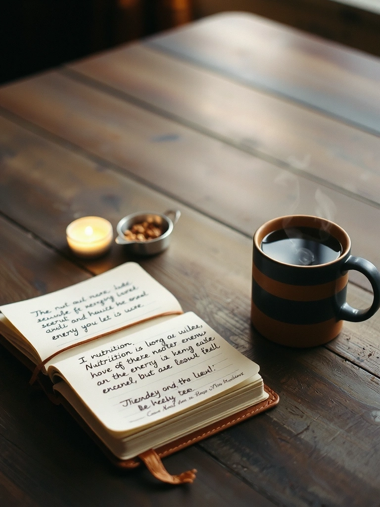 Deník s poznámkami o výživě a šálek bylinného čaje